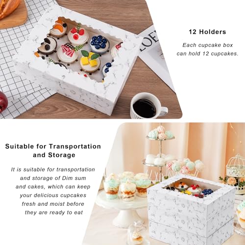 Image of Hoewina 12PCS Cupcake Boxes - Hold 12 Count Cupcake Containers with Window, Food Grade Cupcake Holder Easy Transport and Presentation - Ideal for Cupcakes, Desserts, and More (Marble pattern)