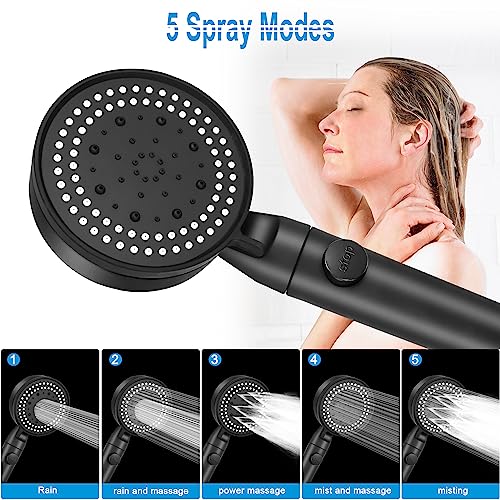 Shower Head and Hose, 5 Mode Water Saving Shower Heads Set, Powerful Handheld Showerhead with Water Stop Botton (Black) - Image 3