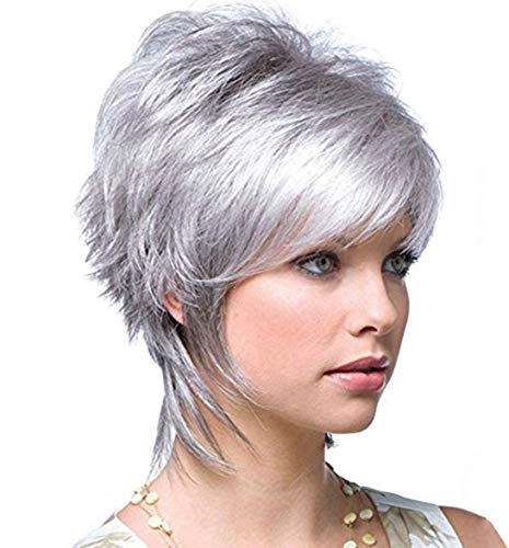 Short Silver Wigs for Women Pixie Wigs with Bangs Gray Natural Synthetic Full Hair Wigs Heat Resistant Costume Wigs for Party Daily Use (Silver Grey) YM010
