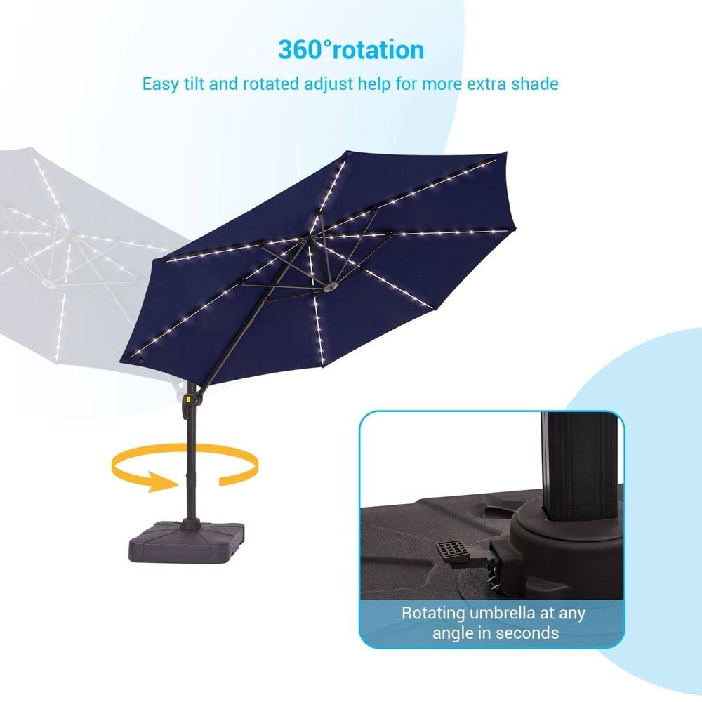 Royal Blue Patio Umbrella with Solar Lights 11ft Fillable Umbrella Base Led Tube Lights 270gsm 360° Rotation Water-Repellent Thick Non-Fades | All Season Cantilever Style Octagonal Shape Solid Color