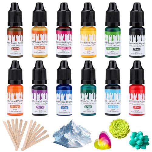 Pigment auf Wasserbasis, 12 Farben Farbpigmente für Gießpulver mit 12 Rührstäbchen, DIY Farbpigment Kreatives Design Gießpulver Konzentrierte Epoxidharz-Farbe für Betonfarbe, Gips, Zementfarbe-je 10ml