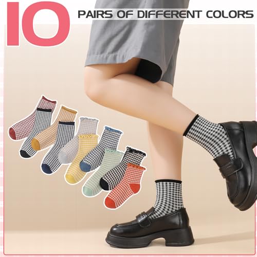 Image of 6 Pairs Women Ruffle Striped Frilly Socks, Cute Checkered Ankle Sock for Women Cotton Knit Casual Crew Socks