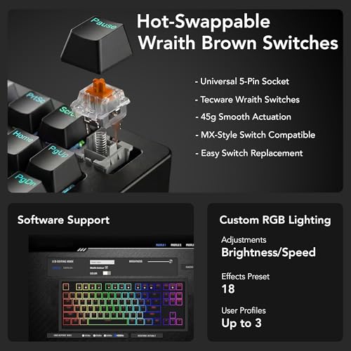Image of TECWARE Phantom+ Elite 87 Key RGB Mechanical Gaming Keyboard | 3-Mode Wireless Bluetooth 5.0, 2.4GHz & USB-C Wired | Hot-Swappable 5-Pin | Double-Shot PBT Keycaps | Wraith Brown Switch - Black