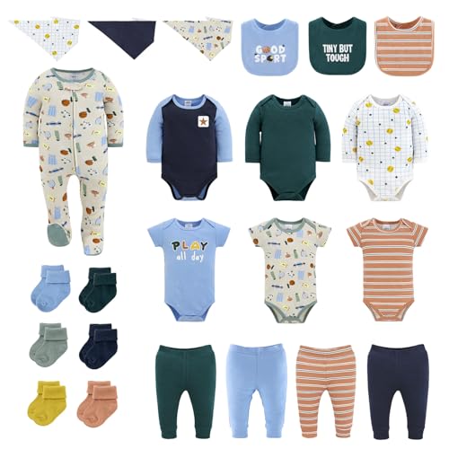 The Peanutshell 23-Piece Baby Boy Clothing Set, 100% Cotton, 0-3 Months, Newborn Essentials Must Haves, Blue & Multicolor