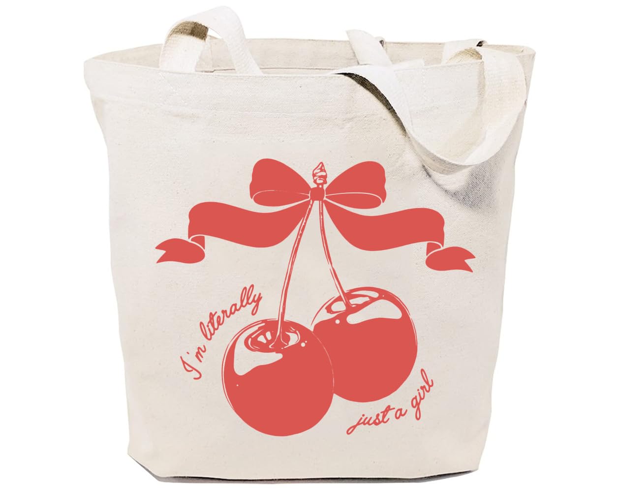 GXVUIS I'm Literally Just a Girl Canvas Tote Bag Ribbon Red Bow Cherry Coquette Reusable Reusable Shoulder Bag