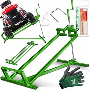 MASKO® XXL Rasentraktorheber 450 kg Hebevorrichtung Hebebühne Aufsitzmäher Reinigungshilfe universal, Rasentraktor-Heber, Rasentraktor +45° Neigung verstellbar inkl. Arbeitshandschuhe & Bürste Grün