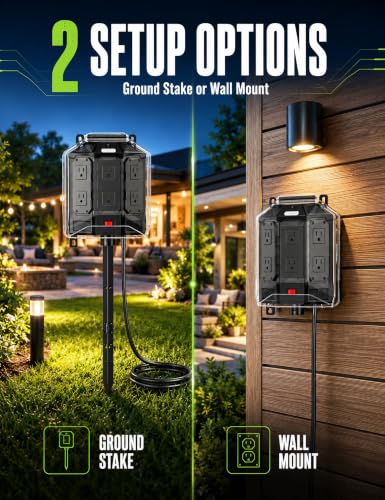 25FT Outdoor Power Stake with Weatherproof Full-Cover Design | 6 grounded outlets, 14AWG cord, overload protection, stake mount & night light for outdoor power access - image 6