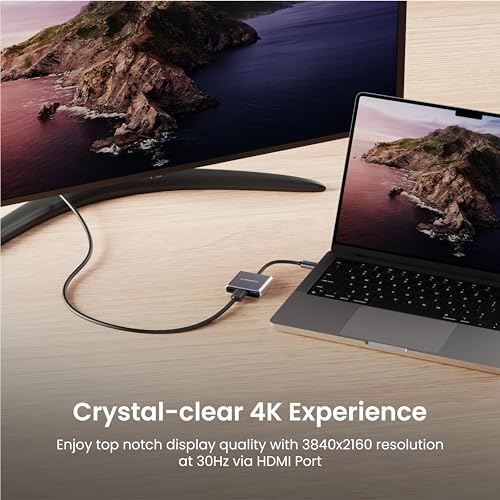 Image of Ambrane 3-in-1 Multiport USB Hub | Type C To HDMI Adapter |Connector| 100W PD Fast Charging Ports | upto 5 Gbps High-Speed Data Transfer for laptops, MacBook, Tablets & Smartphones (E-Hub Pro, Grey)