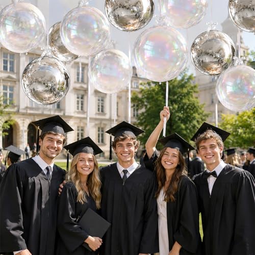Image of 8 Pcs Silver Balloons and Iridescent Round Foil Balloons Holographic Metallic Silver 4D Ball Balloon Ornament Balloon for Birthday Grad Anniversary Prom Mermaid Under The Sea Disco Party Decor