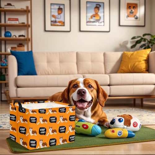 Image of Woof Dog Basket Storage Bin, Orange | For Chew Toys, Pet Supplies Organizer, Pet Organizer, Dog Room Decor