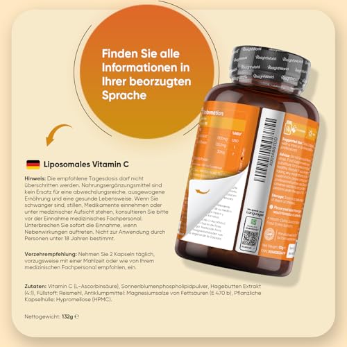 Liposomal Vitamin C - 1000 mg Vit C, 100,2 mg Sonnenblumenphospholipide & 30 mg Hagebutte - 180 vegane Kapseln - Vitamin C trägt zur Verringerung von Müdigkeit und Erschöpfung bei (EFSA) - WeightWorld