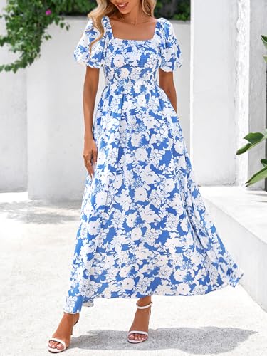 BTFBM Womens Summer 2025 Casual Maxi Dresses Short Sleeve Smocked Tiered Floral Boho Long Beach Dress with Pockets2