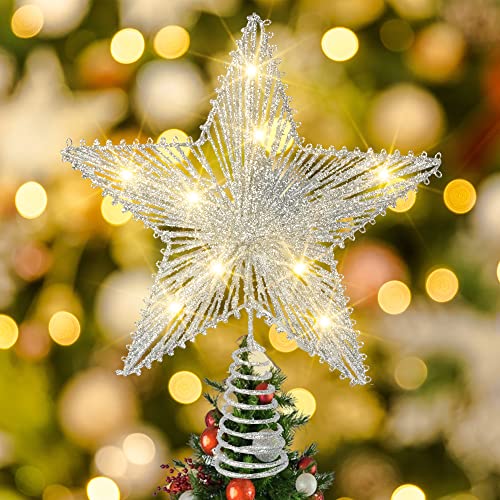 Funpeny Silver Glittered Christmas Treetop, 12 Inch Christmas 10 Led Light Up Metal Hollow Tree Topper Christmas Decorations For Christmas Indoor Outdoor Home Bar Shop Office #TOP2