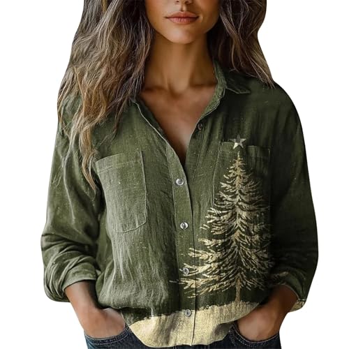 Damen Weihnachten Tuniken Bluse Tops 2025 2025 Frauen Weihnachten Casual Langarmshirt Imitation Baumwolle Shirt Kleidung für Indoor Home Party Xmas Geschenke, grün, M