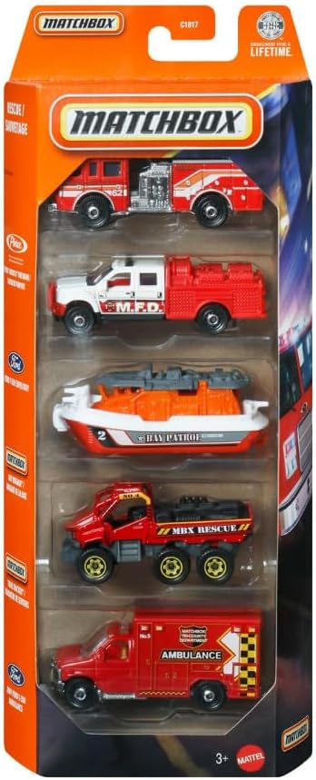Matchbox Rescue 5 Pack [Pierce Fire Engine, F-550 Super Duty, Bay Brigade, Trail Tracker, 2009 Ford E-350] 1:64 Scale Diecast Toy Vehicles