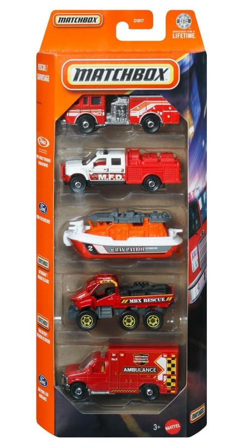 Matchbox Rescue 5 Pack [Pierce Fire Engine, F-550 Super Duty, Bay Brigade, Trail Tracker, 2009 Ford E-350] 1:64 Scale Diecast Toy Vehicles