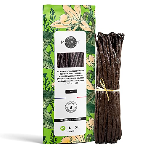 Mavany – 5 vainas de vainilla BOURBON de MADAGASCAR – Selección de calidad gourmet para hornear y cocinar – Talla M 14 a 16 cm – Bolsa de frescura resellable