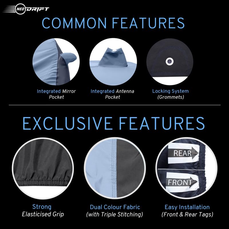 Image of NEODRIFT 'SuperTech' Car Cover for Mahindra XEV 9S (100% Water-Resistant, All Weather Protection, Tailored Fit, Multi-Layered & Breathable Fabric) (Colour: L.Blue+Black)