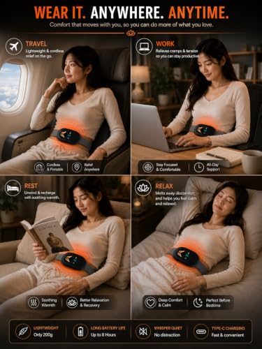Image of Comfytemp Period Cramp Massager with 6 Heat & 6 Massage Modes, Cordless Electric Heating Pad for Pain Relief, Back & Belly Menstrual Heat Belt with 1800mAh Battery & Adjustable Strap, Gift For Women