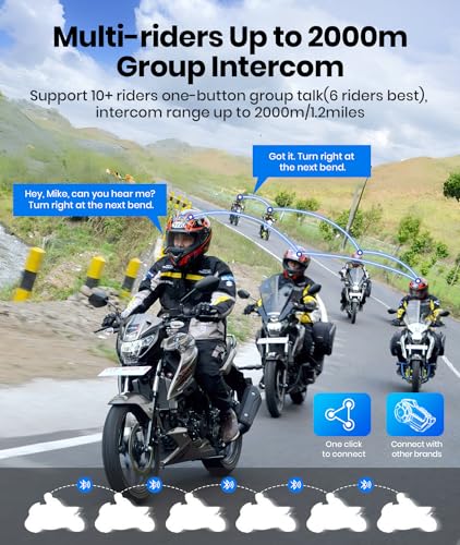 JESIMAIK Motorcycle Bluetooth Intercom, 2000M 10 Riders Noise Cancellation Headphone Communication System, Multitasking Audio Hands-Free Speakers, Helmet Radio, Stereo Music, Motorcycle Accessories - Thumbnail 4