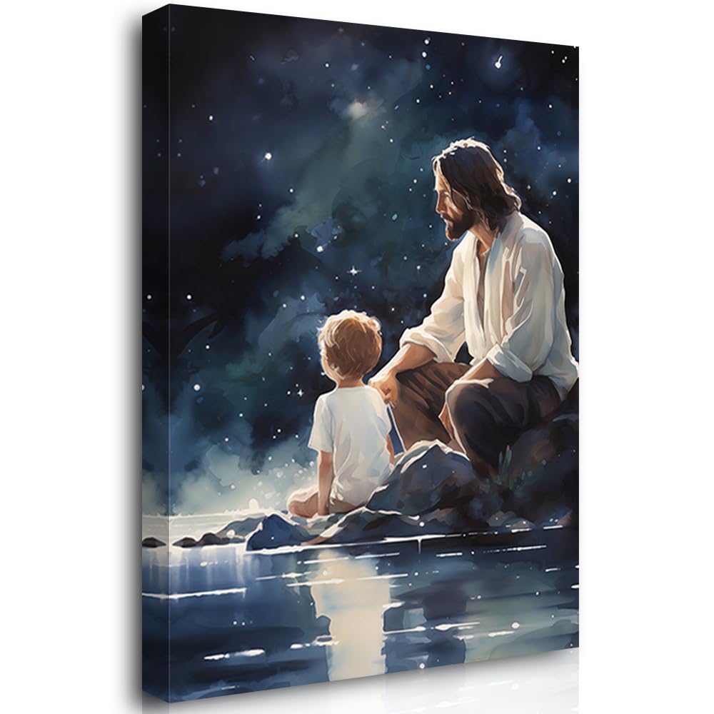 Reateforin Jesus and Boys Wall Art Framed Canvas Stargazing with Jesus Christ with a Child Kids Room Decor Watercolor Painting Happy Jesus Dreaming with God Counting Stars Artwork Pictures 16"x24"