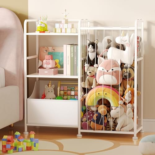 Image of BBLIKE Kids Bookshelf and Toy Storage Organizer, Stuffed Animal Storage Holder with Fabric Toy Chest, 2-Tier Toddler Book Shelf for Kids Room, Playroom, Nursery, White