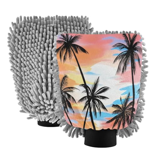 STAYTOP Tropical Palm Tree Car Wash Mitt Microfiber, 2Pcs Scratch Free Lint-Free, Premium Chenille Microfiber Mitt Car Wash Brush-M
