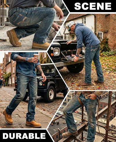 Image of BOCOMAL Non FR-Men's Heavyweight Dura-Rugged Work Jeans Mid Rise Relaxed Fit Boot Cut 7 Utility Pockets Retro Washed Jean