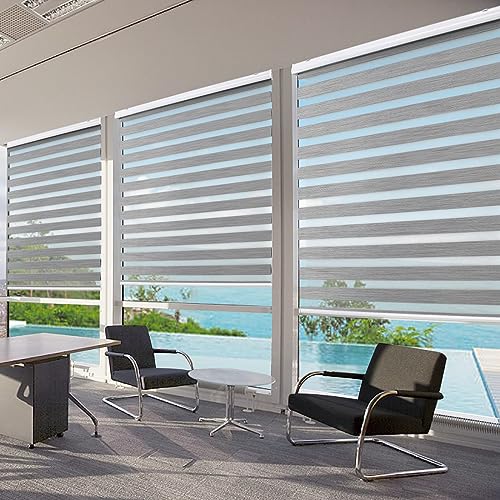 Joydeco 70 Inch Cordless Zebra Blinds for Windows, Privacy Light Filtering Dual Layer Grey Sheer Roller Shades for Home Office Bedroom