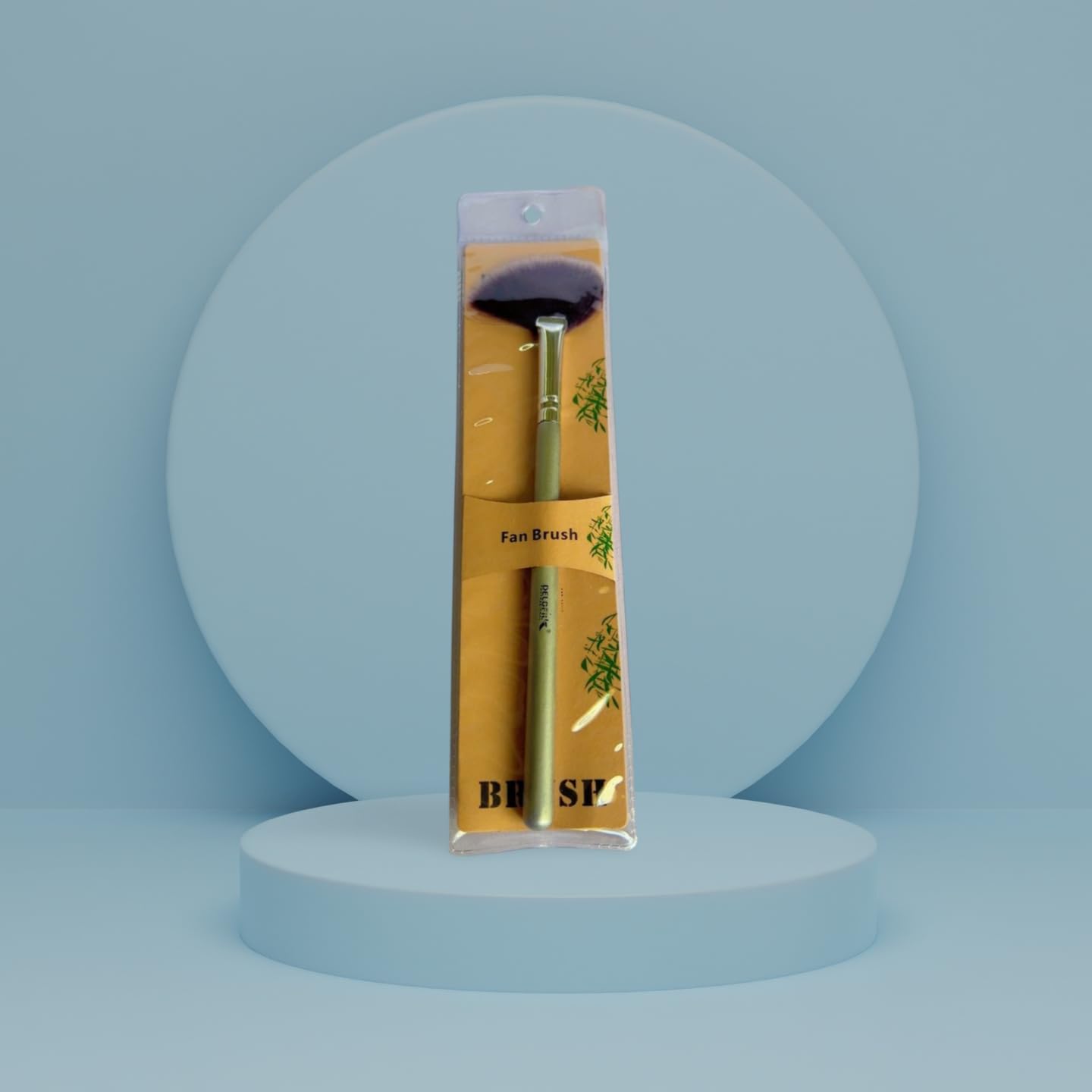 Generic Professional Cosmetic Fan Brush, Pink and Green, Plastic Handle, 15cm Length, Synthetic Bristles, Multi-Purpose Makeup Application for Powder, Foundation, Blush