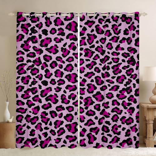 Feelyou Leopard Print Blackout Curtains Purple Black Darkening Drapes for Bedroom Living Room Decor Cheetah Thermal Insulated Shades Animal Window Treatments, 2 Panels 42 x 84 Inch