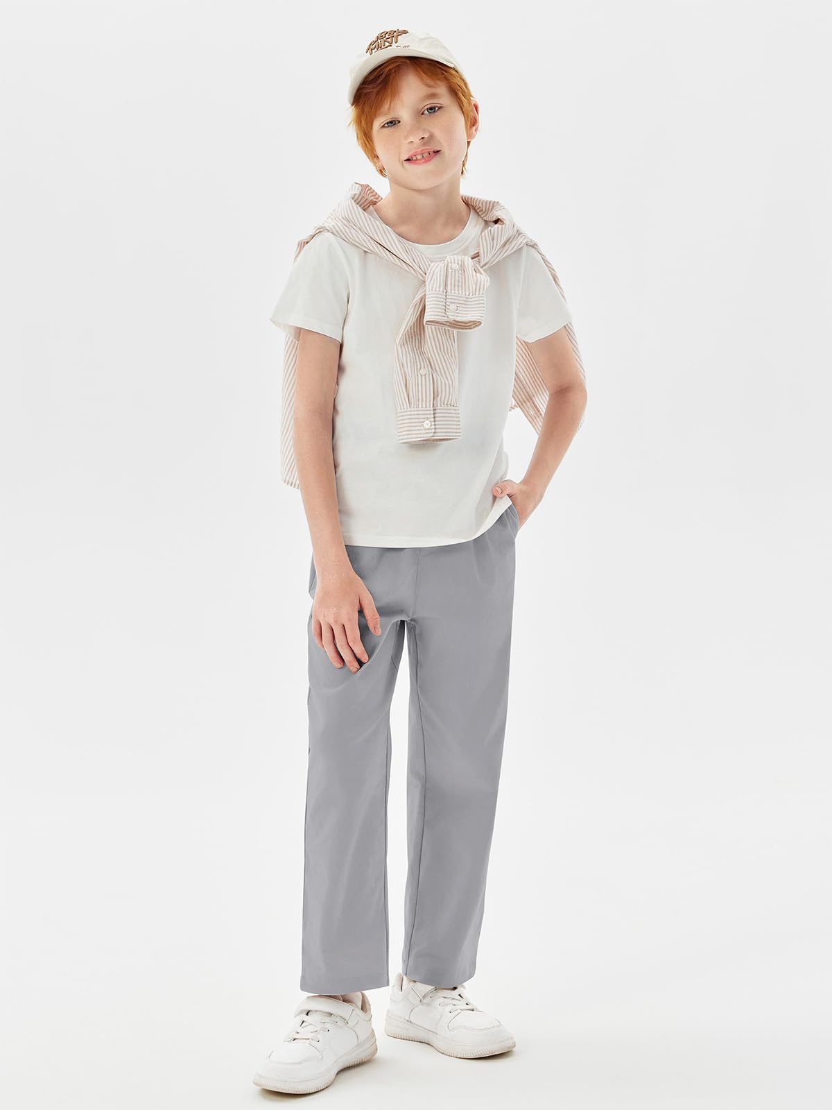 Haloumoning Pantalones de cintura elástica para niños, uniforme escolar, pantalones de sarga de algodón con bolsillos, 5-14 años
