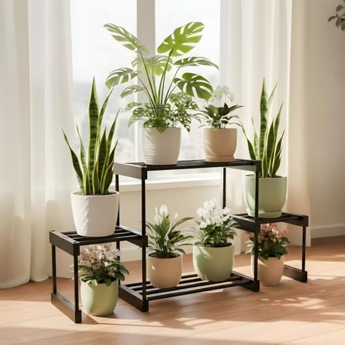 Image of KYARI 4 Tier Metal Plant Stand - Heavy Duty Black Powder Coated Plant Rack | Rust-Proof Vertical Flower Pot Stand for Balcony, Living Room & Outdoor Use (DIY Assembly Required)