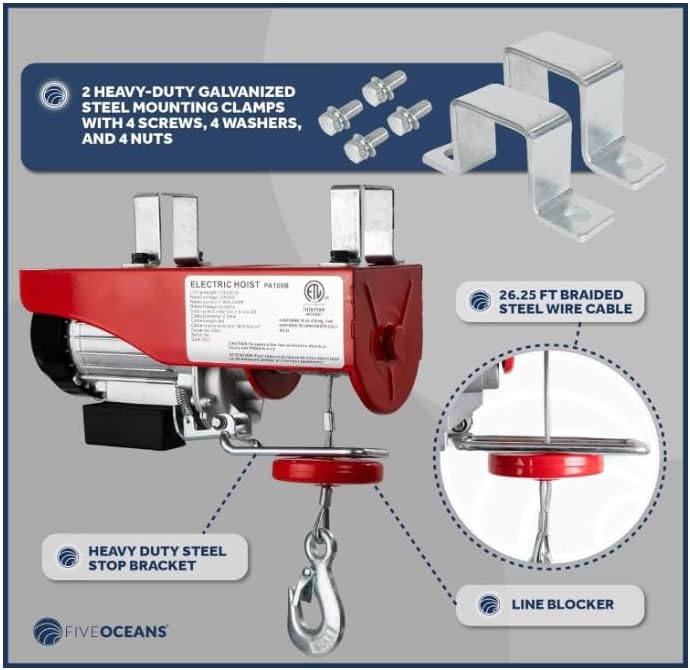 Five Oceans Electric Hoist, Hoist Pulley System, Pulley Hoist, 2200 Lb Lift Electric Winch with 20FT Remote Control 120 Volts, for Garage, Factory Lifting with Emergency Stop Button - FO4339