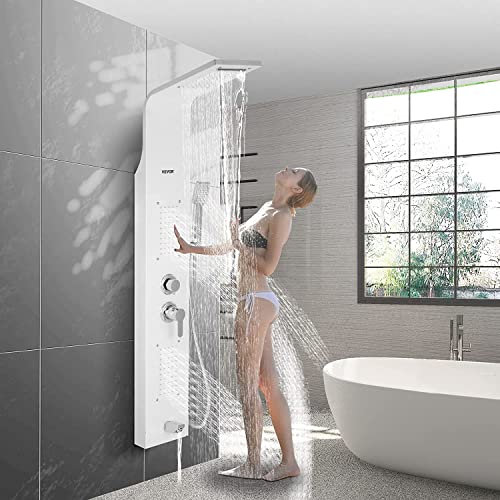 VEVOR Colonne de Douche Hydromassage Panneau de Douche en Acier Inoxydable 5 Modes Système de Panneau de Douche à Montage Mural avec Pulvérisateur Robinet d'eau Hôtel (Blanc Enduit de Poudre)