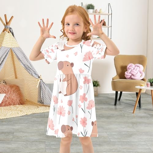 Bolaz Capibara Pattern Girls Dress Short Sleeve Dress Casual Dresses 2-8Y4
