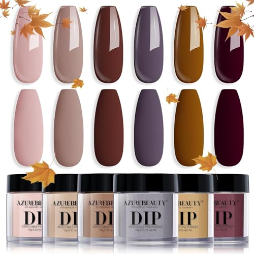 AZUREBEAUTY Dip Powder Nail Set Fall Nude Dark Brown Purple Gary Natural 6 Colors Dipping Powder Starter Kit French Nail Art Manicure DIY Salon No Need Nail Lamp Cured