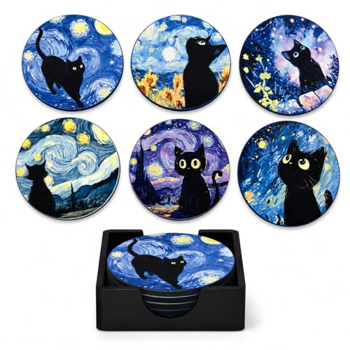 Image of Zesta Coasters for Cups Set of 6 / Wooden Coasters for Bar Accessories for Home /Tea Coaster Set of 6 / Waterproof Dining Table Decor Glass Cover (Van Cat, Circle)