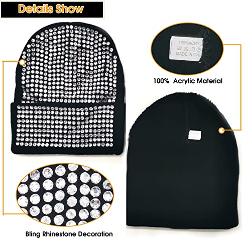 Fashion Girls Women Sparkly Flashy Bling Cuffed Beanie With Rhinestones Winter Knit Soft Hat Stretchy Skull Cap(White) One Size-Large #TOP2