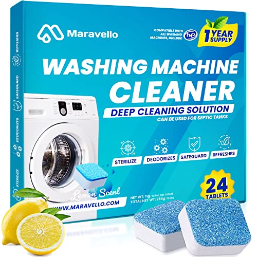 Maravello Washing Machine Cleaner Descaler, Highly Efficient Septic Safe Deodorizer, Powerful Formula Washer Cleaner Tablets For HE Front Loader And Top Load, More Than 12 Month Supply (Lemon, 24 Tablets) Maravello Washing Machine Cleaner Descaler, Highly Efficient Septic Safe Deodorizer, Powerful Formula Washer Cleaner Tablets For HE Front Loader And Top Load, More Than 12 Month Supply (Lemon, 24 Tablets)