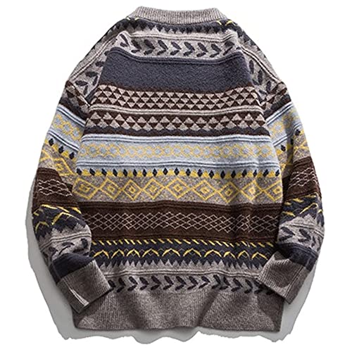 Pehmea Men's Vintage Striped Sweater Oversized Crewneck Long Sleeve Knitted Pullover Jumper(Grey-M) #TOP1