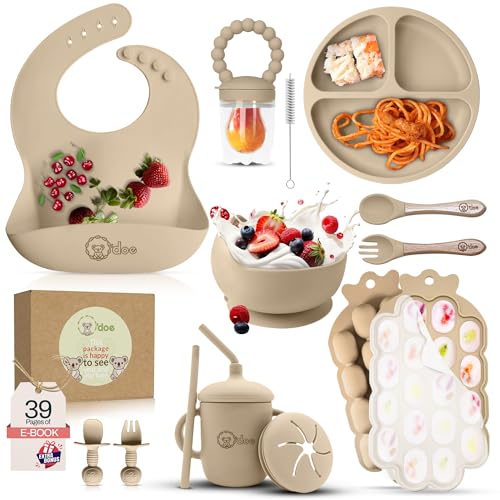 O'doe Vaisselle Bebe | Set Repas Bebe 1er Age 15 Pièces – Coffret Repas Bebe avec Bol Silicone à Ventouse, Cuillères, Tasses, Bavoirs, Assiettes – Set Repas Bébé Complet | Coffrets Repas LED