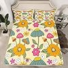 Castle Fairy 70s Retro Floral Bed Sheets Queen Size,Hippie Flowers Leaves Quality Brushed Microfiber Luxury Bed Sheet with Flat,Cartoon Eyes Mushroom Fitted Sheet, Queen Size with 2 Pillowcases #1