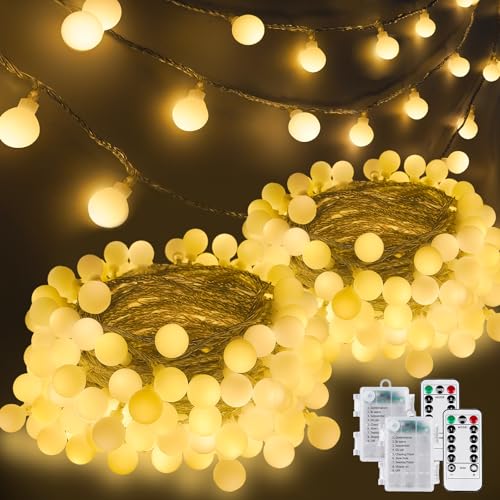 2 Pack Battery Operated String Lights Indoor Outdoor - 45FT 100 LED Fairy Lights with Remote, Waterproof Globe Light 8 Modes with Timer for Bedroom Classroom Dorm Girl's Room Decorations, Warm White