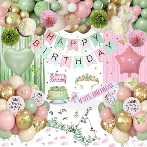 Pink and Sage Green Birthday Party Decorations with Happy Birthday Banner, Balloons, Sash, Crown, Butterfly, Hanging Swirls, Tablecloth, Fringe Curtain, Pompoms for Women Girls Princess Party Supplies by WEQTWL - Used condition - US$20.48