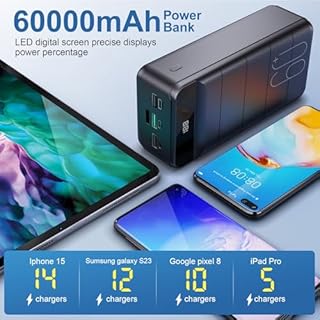 PDBEST PowerBank 60000mAh Fast Charging, Huge Capacity Portable Charger 22.5W with USB-C, 4 Outputs & 3 Inputs Battery Pack LED Display Compatible with iPhon Android etc Black