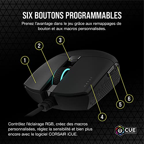 Corsair KATAR PRO XT Souris Gaming Ultralégère (Forme Symétrique, Adaptée à Tous Les Styles de Prise en Main, Corsair QUICKSTRIKE Boutons Ressort, Capteur Optique de 18 000 DPI) Noire