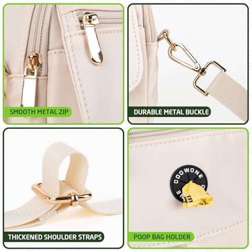 COOWONE Leckerli-Tasche für Hunde, wasserdicht, mit Kotbeutelhalter, mehrere Taschen, Kuriertasche, verstellbarer, dicker Schultergurt, zweilagige Crossbody-Tasche für Welpentraining, Wandern, beige