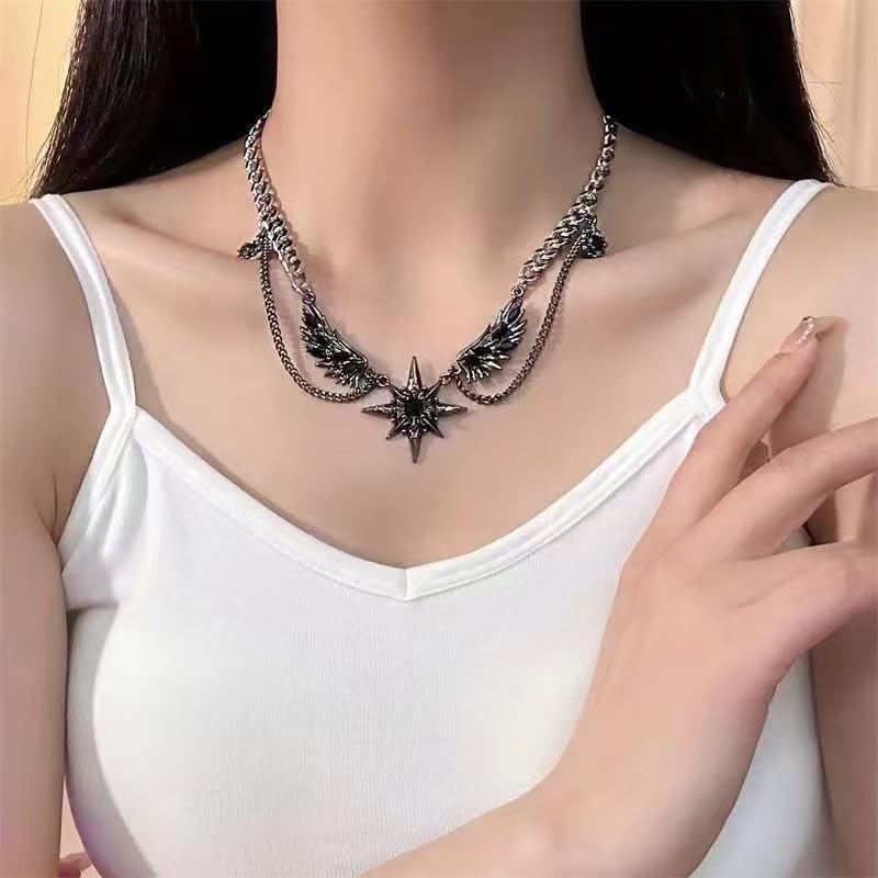 Gothic Dark Style Winged Star Tie Neck Y2k Necklace 12+4 inches - Image 5