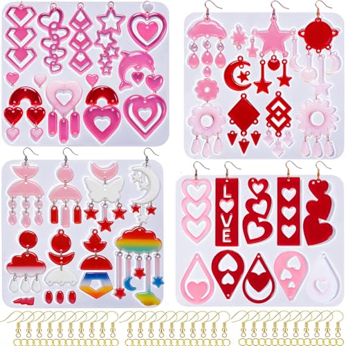 4 Pack Heart Resin Earring Mold Love Heart Star Shape Earring Silicone Molds for Mother’s Day UV Casting Epoxy Silicone Molds Jewelry Earring Making Kit with 200 Earring Hook for DIY Crafts Keychains